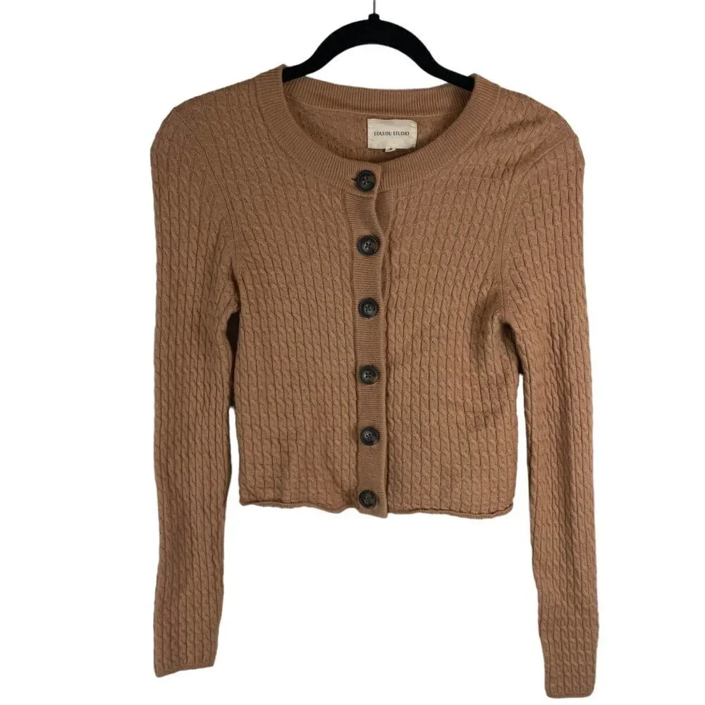 Loulou Studio Mati Wool Cashmere Cable-Knit Button Front Cardigan Beige Size S
